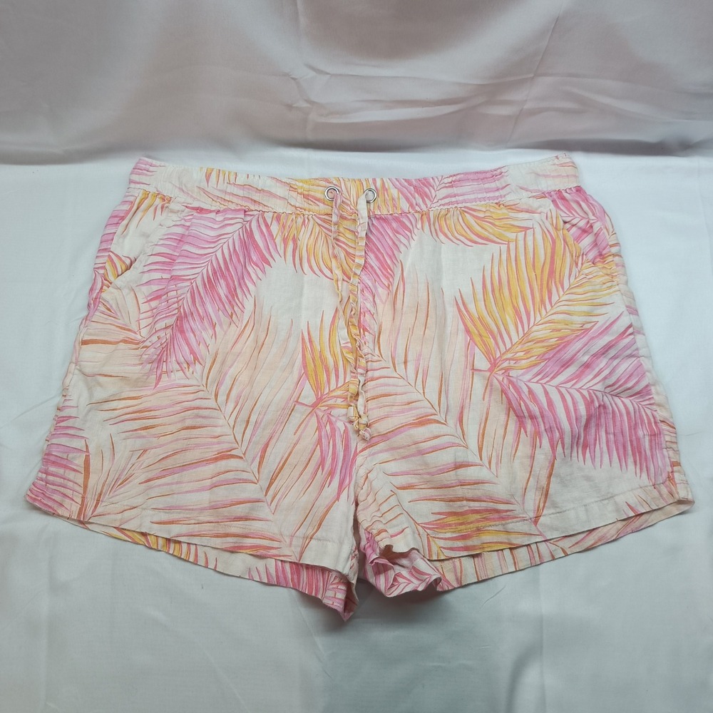 Tahari Womens XL Pink Orange Tropical Palm Leaf 100% Linen Drawstring Shorts